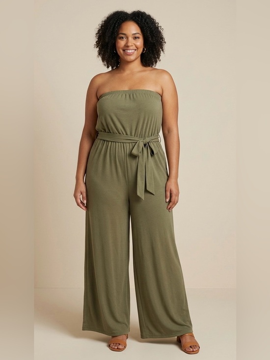 Jolie & Joy by FCT With Love Pants - Jolie & Joy by FCT with Love Strapless Olive Wide-leg Jumpsuit with Belt